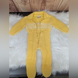 Vintage Kmart Yellow Knit One Piece Hooded Baby Romper Footed Sweater 12 months